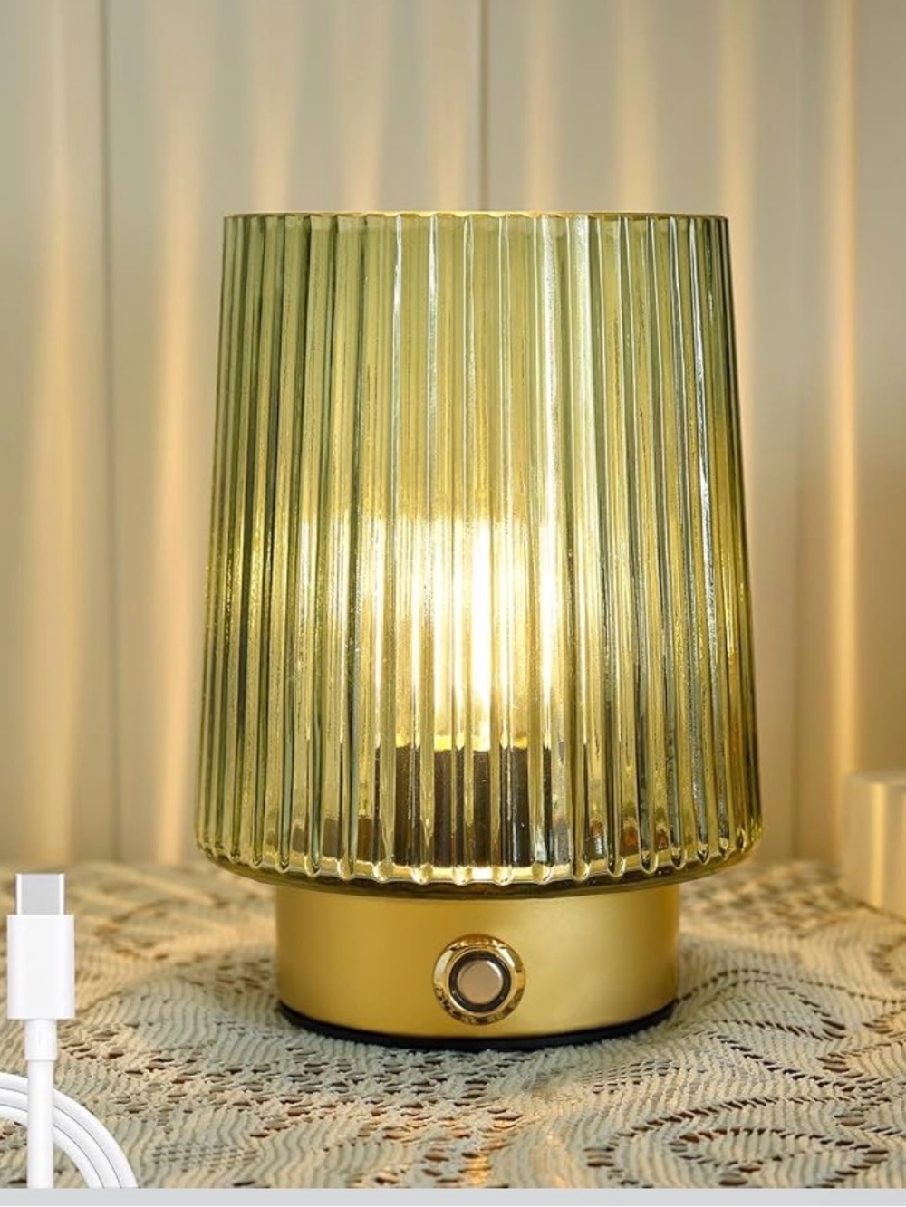 Ribbed Glass Table Lamp in Olive-Gold